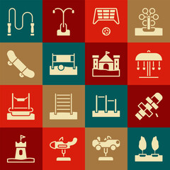 Set Forest, Hopscotch, Attraction carousel, Soccer goal with ball, Volleyball net, Skateboard trick, Jump rope and Sand castle icon. Vector