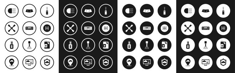 Set Screwdriver, Car Audio, Wheel wrench, High beam, Gear shifter, Broken windshield, Canister for motor oil and key with remote icon. Vector