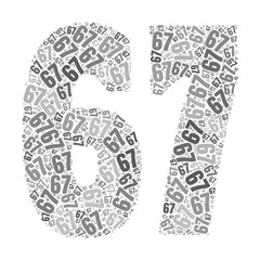 Grayscale word cloud forming the number 67, with repeated text in various sizes.