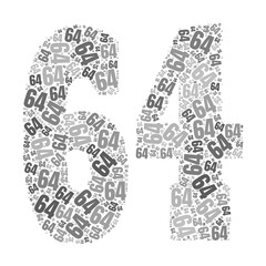 Grayscale word cloud forming the number 64, with repeated text in various sizes.