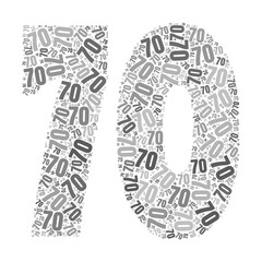 Grayscale word cloud forming the number 70, with repeated text in various sizes.