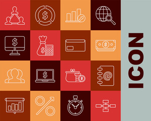 Set line Business hierarchy organogram chart infographics, schedule, chart, diagram, infographic, pie, Calculator bag, Computer monitor dollar symbol, Project team base and Envelope icon. Vector