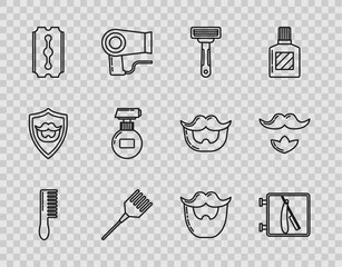 Set line Hairbrush, Barbershop with razor, Shaving, Blade, Cream lotion cosmetic tube, Mustache and beard and icon. Vector