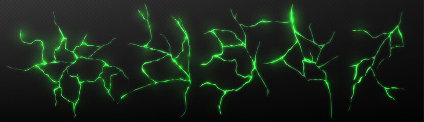 Green glowing cracks and earthquake fissures with luminous effect. Neon fractured earth texture, bright seismic rifts. Vibrant toxic waste leaks with radioactive substance. Shiny energy beams.