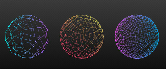 Dot sphere collection - particle globe set on black. Colorful polygonal wireframe balls and triangulated facet orbs. Geometric 3d meshes with lines and points. Minimalist low poly spherical shapes.