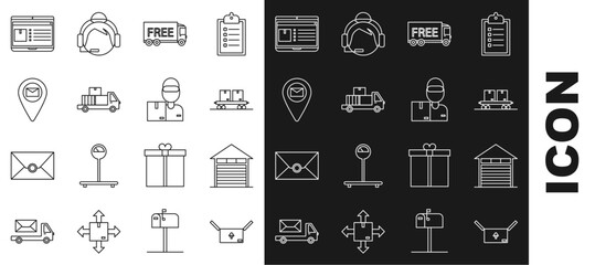 Set line Cardboard box with traffic symbol, Railway carriage, Free delivery service, Delivery truck cardboard boxes, Placeholder on map paper, Laptop app tracking and man icon. Vector