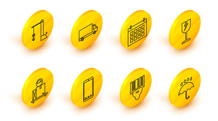 Set line Umbrella and rain drops, Mobile phone with app delivery tracking, Scale cardboard box, Fragile broken glass symbol, Calendar, Delivery cargo truck vehicle and Harbor port crane icon. Vector