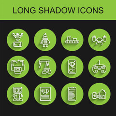 Set line Robot, User manual, Remote aerial drone, Computer api interface, Smart home, Assembly line, control and Bot icon. Vector