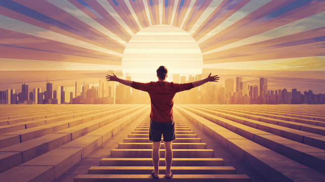 Man standing on steps, arms outstretched, facing sunrise over city skyline, symbolic of achievement, opportunity, and new beginnings