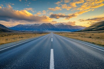 Fototapeta premium Landscape Road: Sunset View of Asphalt Road Cutting Through Mountainous Background