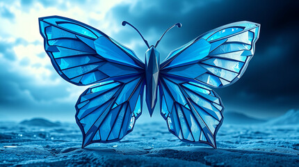 Glowing crystal butterfly wings and floating ice blocks shine in cool blue light, surrounded by luminous butterflies in flight against a deep, magical dark background ai.

