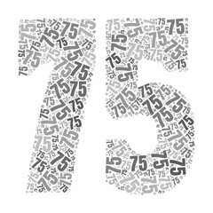 Grayscale word cloud forming the number 75, with repeated text in various sizes.
