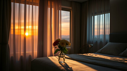 Elegant blue-themed bedroom with sunset view, colorful roses, and cozy furnishings, combining serene interior design with warm natural light for a tranquil, inviting ambiance ai.


