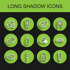 Set line Steak meat, Knife, Grilled steak and fire flame, Pepper, Meat tongs, Sauce bottle, and Fresh frozen icon. Vector