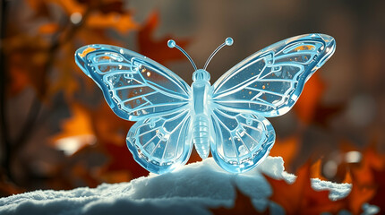 A glowing, icy butterfly rests on frosty ground, its translucent wings shimmering against a warm autumn backdrop of orange and brown, evoking magical seasonal contrast ai.

