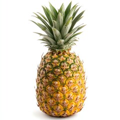 Fototapeta premium A vibrant pineapple, ripe and golden, stands against a pure white backdrop. Its spiky crown and textured skin are beautifully detailed.