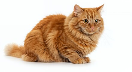 Obraz premium Fluffy Ginger Cat Seated in Isolation against Bright White Background with Vibrant Orange Fur and Expressive Eyes