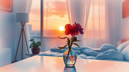 Elegant blue-themed bedroom with sunset view, colorful roses, and cozy furnishings, combining serene interior design with warm natural light for a tranquil, inviting ambiance ai.

