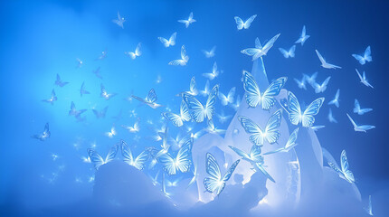 Glowing crystal butterfly wings and floating ice blocks shine in cool blue light, surrounded by luminous butterflies in flight against a deep, magical dark background ai.

