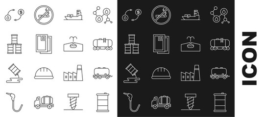 Set line Barrel oil, Oil railway cistern, tanker ship, exchange and Oilfield icon. Vector