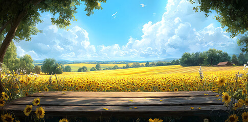 Peaceful summer landscape featuring a vast sunflower field, a rustic wooden table, and a charming...