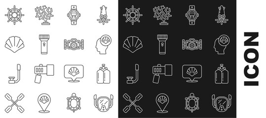 Set line Diving mask, Aqualung, Scallop sea shell, watch, Flashlight, Ship steering wheel and Photo camera icon. Vector