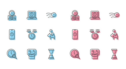 Set line Magnifying glass with clock, From 9, Time is money, Old hourglass sand, Clock, Piggy bank coin, Alarm app mobile and Laptop time icon. Vector