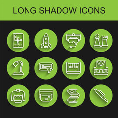 Set line Sweater, Waist bag of banana, Crossword, Book, Fountain pen nib, Certificate template, Waistcoat and Pendulum icon. Vector