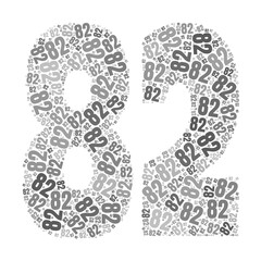 Grayscale word cloud forming the number 82, with repeated text in various sizes.