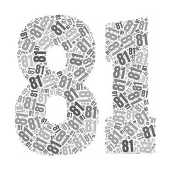 Grayscale word cloud forming the number 81, with repeated text in various sizes.