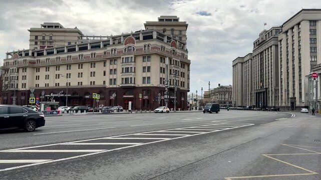 Moscow, Russia, April 2025. View on of traffic Okhotny Ryad Street.