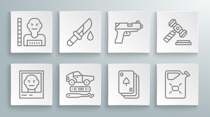 Set line Wanted poster, Bloody knife, Car theft, Playing cards, Canister fuel, Pistol or gun, Judge gavel and Suspect criminal icon. Vector