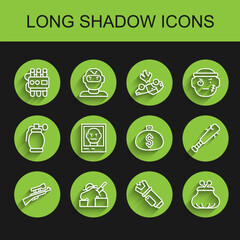 Set line Sniper rifle with scope, Murder, Dynamite and timer clock, Police electric shocker, Wallet, Wanted poster, Baseball bat nails and Money bag icon. Vector
