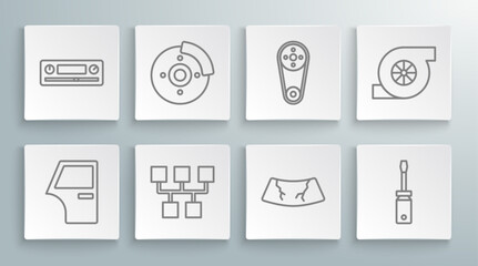 Set line Car door, brake disk with caliper, Gear shifter, Broken windshield, Screwdriver, Timing belt kit, Automotive turbocharger and Audio icon. Vector