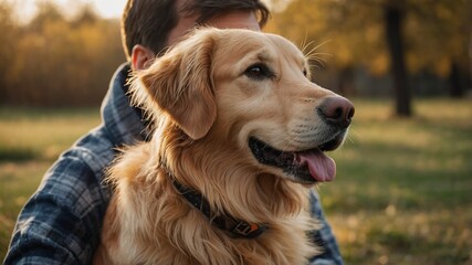 Golden retriever enjoys a sunny afternoon in the park with its owner relaxing in a serene outdoor setting