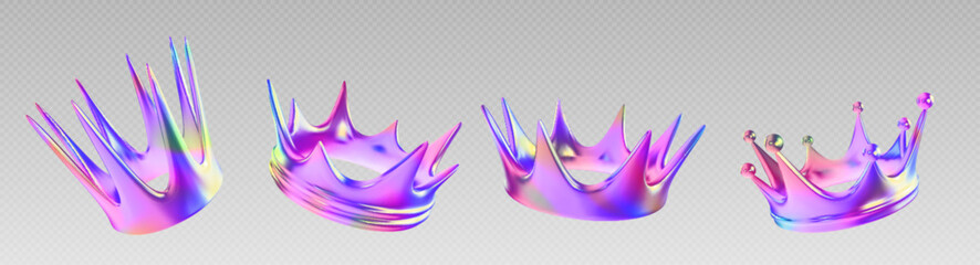 3D hologram crown set - shiny gradient purple and pink metallic colors and spiked points on top. Royal king, queen and princess tiara, majestic luxury jewel, monarchy symbol with iridescent effect.