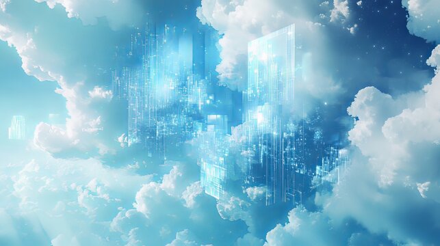 Abstract digital cityscape floating above cloudscape serene blue sky digital art data airy cyber