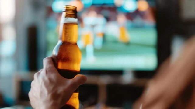 A hand holding a beer bottle while watching a sports game on TV, capturing the essence of relaxation and enjoyment.