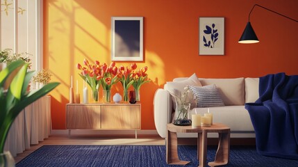 Fototapeta premium Sunny Living Room Interior Design with Orange Walls and Tulips