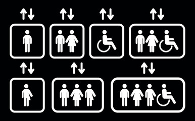 Elevator lift vector icon set on black background. Male, female, disabled person, all gender, gender neutral signs flat collection. Arrows up and down.