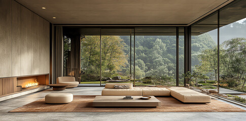 Spacious minimalist living room features a fireplace and comfy seating overlooking stunning...