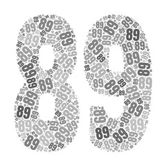 Grayscale word cloud forming the number 89, with repeated text in various sizes.