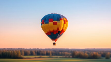 Colorful hot air balloon floats above a golden landscape at sunrise