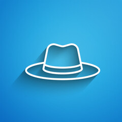 White line Man hat with ribbon icon isolated on blue background. Long shadow. Vector