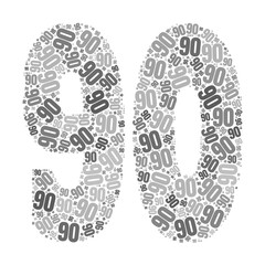 Grayscale word cloud forming the number 90, with repeated text in various sizes.