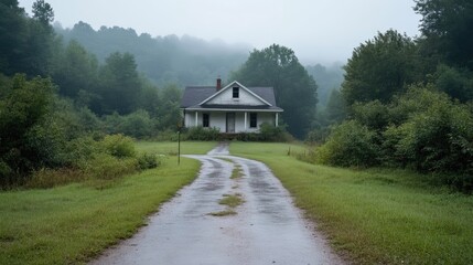 A weathered house sits on a country road, shrouded in mist