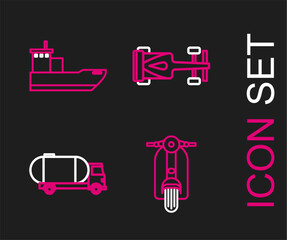 Set line Scooter, Tanker truck, Formula race car and Cargo ship icon. Vector