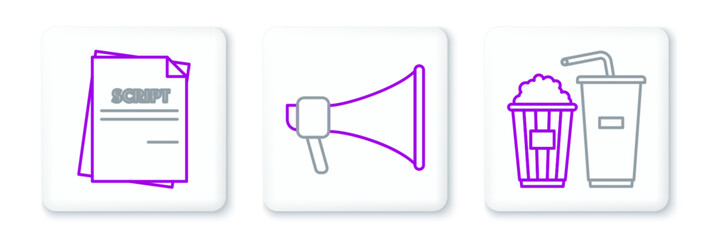 Set line Popcorn and soda drink glass, Scenario and Megaphone icon. Vector