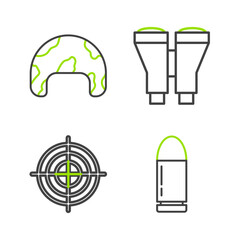Set line Bullet, Target sport for shooting competition, Binoculars and Military helmet icon. Vector
