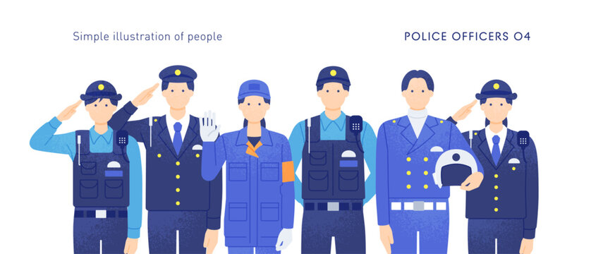 男女の警察官が集合。白バイ隊員や鑑識官など、警察で働く人々のイラストセット。